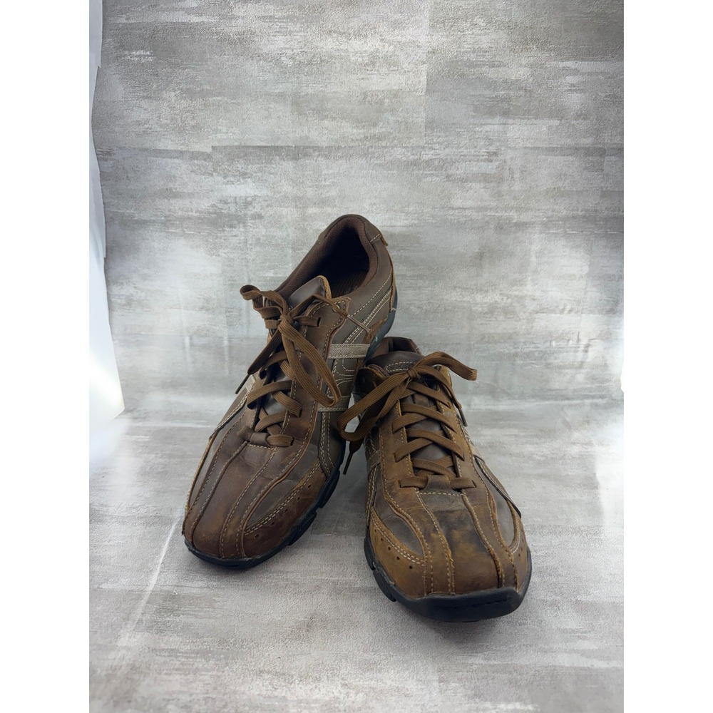 Skechers Men 64276 Brown Leather Memory Foam Bicycle Toe Sneakers Size 11
